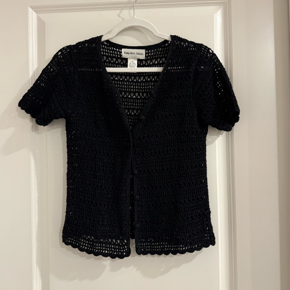Vintage Crochet Short Sleeve Cardigan-Black-Dark Cottagecore